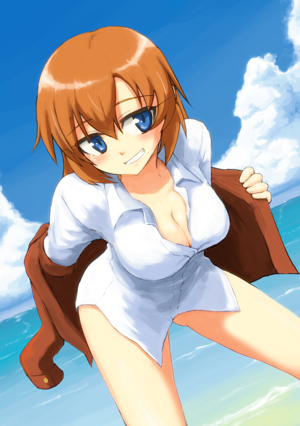 1girl blue_eyes blush breasts charlotte_e_yeager cleavage clouds happy highres long_hair makaze_hoihoi_chaahan_joutai no_panties ocean orange_hair shirt sky smile solo strike_witches summer teeth undressing water white_shirt