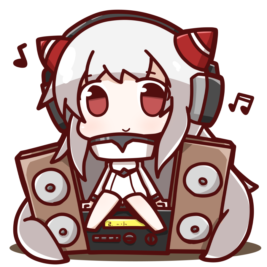 1girl airfield_hime chibi headphones horns kantai_collection long_hair looking_at_viewer musical_note nuu_(nu-nyu) red_eyes shinkaisei-kan silver_hair simple_background sitting sitting_on_object solo speaker tagme white_background
