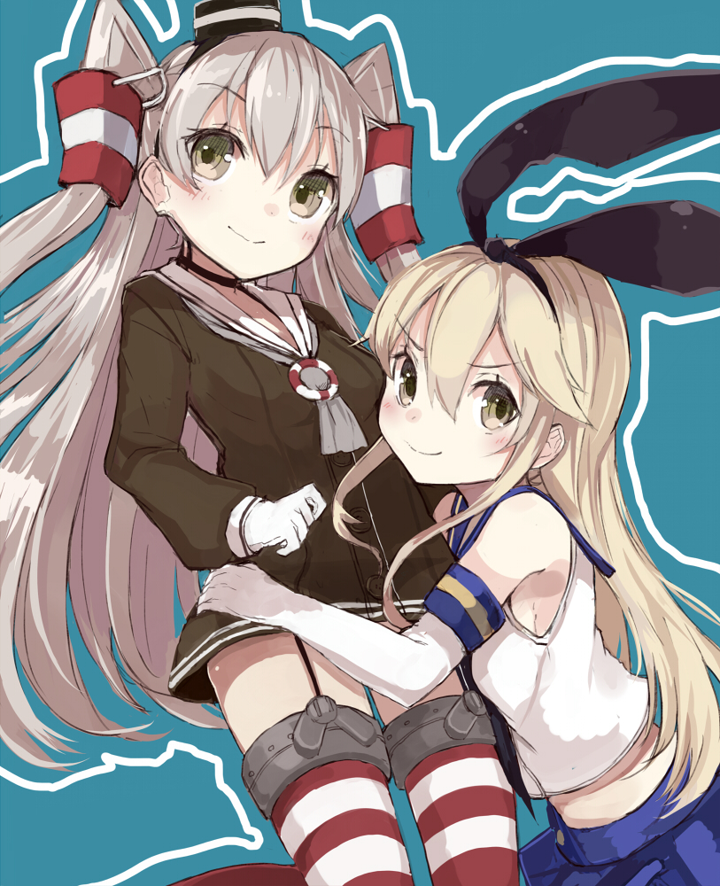 2girls amatsukaze_(kantai_collection) blonde_hair choker elbow_gloves garter_straps gloves green_eyes hair_ornament hair_tubes hairband head_tilt hug kantai_collection kou_mashiro long_hair multiple_girls rough school_uniform serafuku shimakaze_(kantai_collection) silver_hair simple_background smile striped striped_legwear twintails two_side_up white_gloves