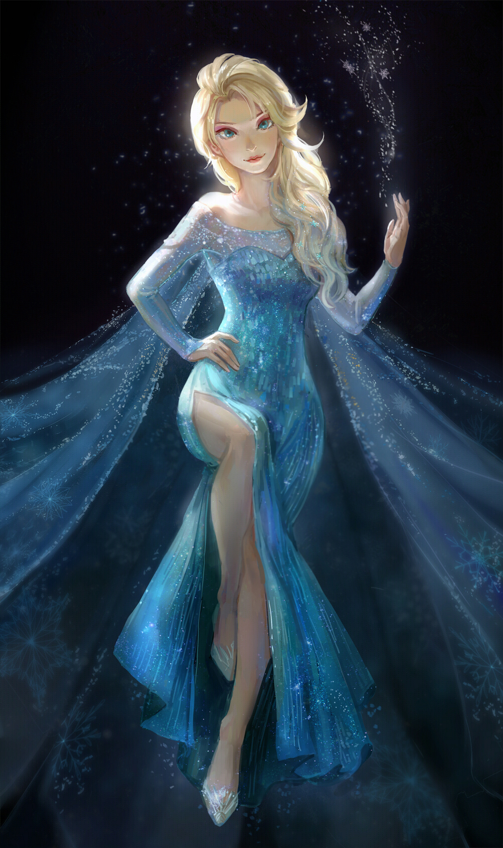 1girl bare_shoulders blonde_hair blue_eyes braid dress elsa_(frozen) eyeshadow frozen_(disney) hand_on_hip highres ice kirayoci lips long_hair looking_at_viewer makeup revision side_slit solo wide_hips