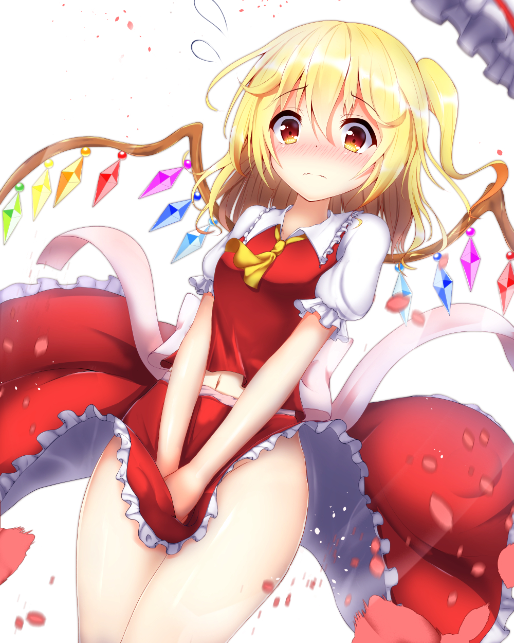 1girl ascot asymmetrical_hair blonde_hair blush flandre_scarlet hat highres looking_at_viewer no_panties red_eyes short_hair side_ponytail skirt solo touhou wind_lift wings ymd_(holudoun)
