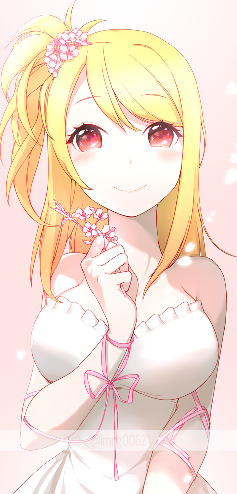 bare_shoulders big_breasts blonde_hair dress fairy_tail flower long_hair lucy_heartfilia red_eyes side_ponytail smile