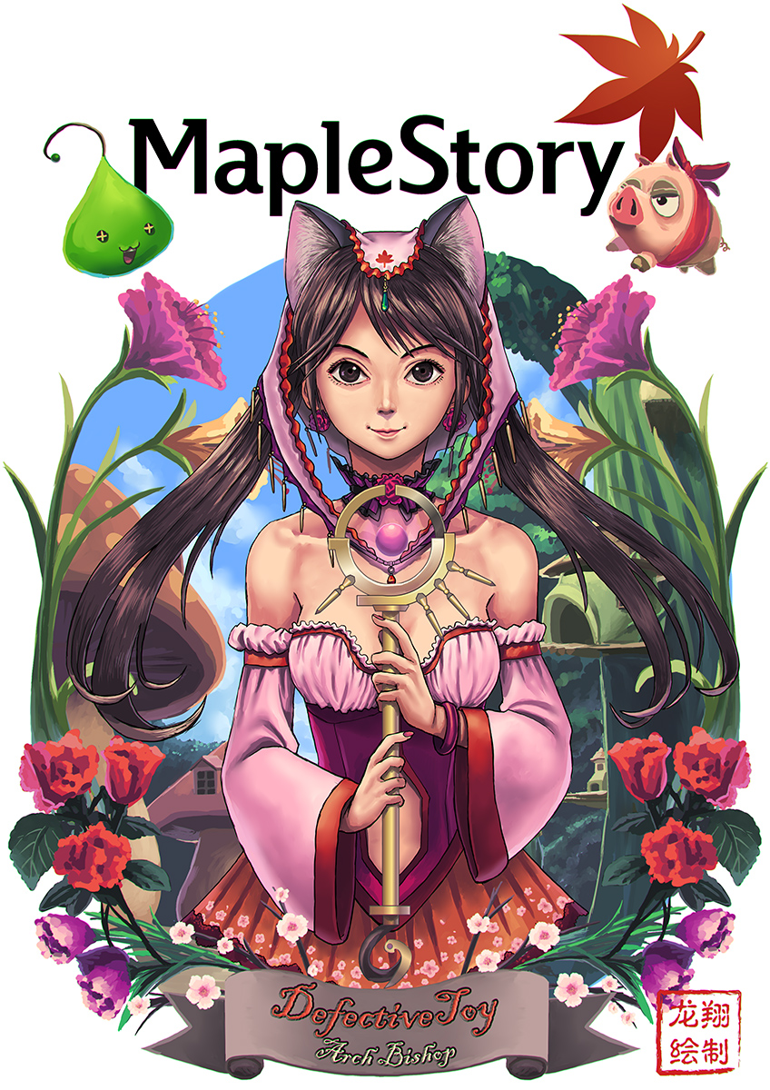 1girl animal_ears archbishop breasts brown_eyes brown_hair cat_ears character_name commentary detached_sleeves earrings headgear highres jewelry lips looking_at_viewer maplestory nose off-shoulder_dress ryu_shou smile twintails wand
