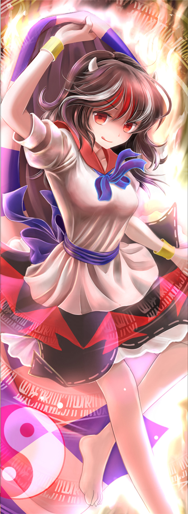 1girl abstract_background arm_up barefoot black_hair bow bracer fire hajike_akira horns impossible_spell_card kijin_seija looking_at_viewer multicolored_hair puffy_short_sleeves puffy_sleeves red_eyes redhead ribbon short_hair short_sleeves skirt skirt_hold smile solo streaked_hair tongue tongue_out touhou white_hair yin_yang