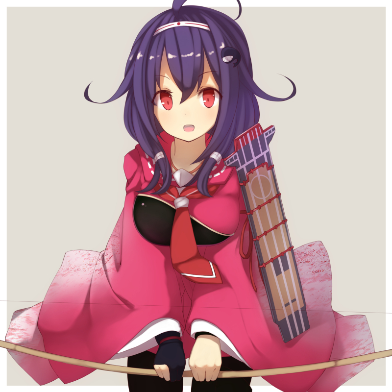 1girl ahoge animal_hair_ornament flight_deck fumatake hairband kantai_collection long_hair looking_at_viewer muneate necktie open_mouth purple_hair red_eyes ryuuhou_(kantai_collection) smile solo taigei_(kantai_collection) whale wide_sleeves