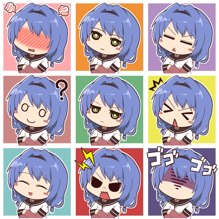 &gt;_&lt; /\/\/\ 1girl ? angry blue_hair blush blush_stickers confused confusion crossed_arms expressions furutani_himawari hairband inaharu school_uniform shaded_face shocked_eyes smile solo spoken_blush triangle_mouth yuru_yuri