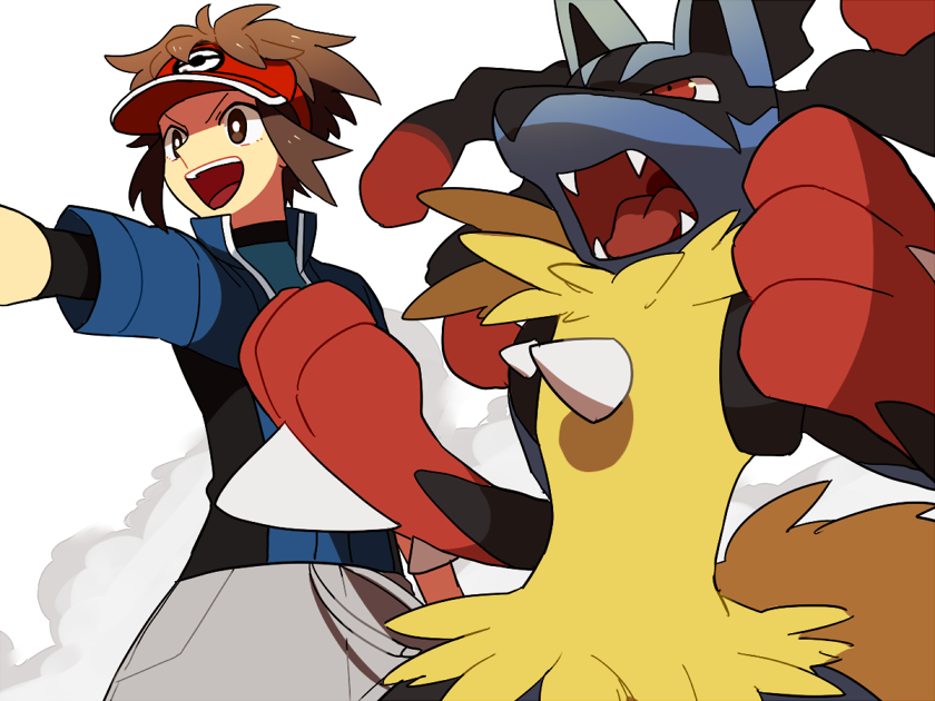 1boy brown_hair kyouhei_(pokemon) li_sakura lucario mega_lucario mega_pokemon pokemon pokemon_(creature) pokemon_(game) pokemon_xy visor