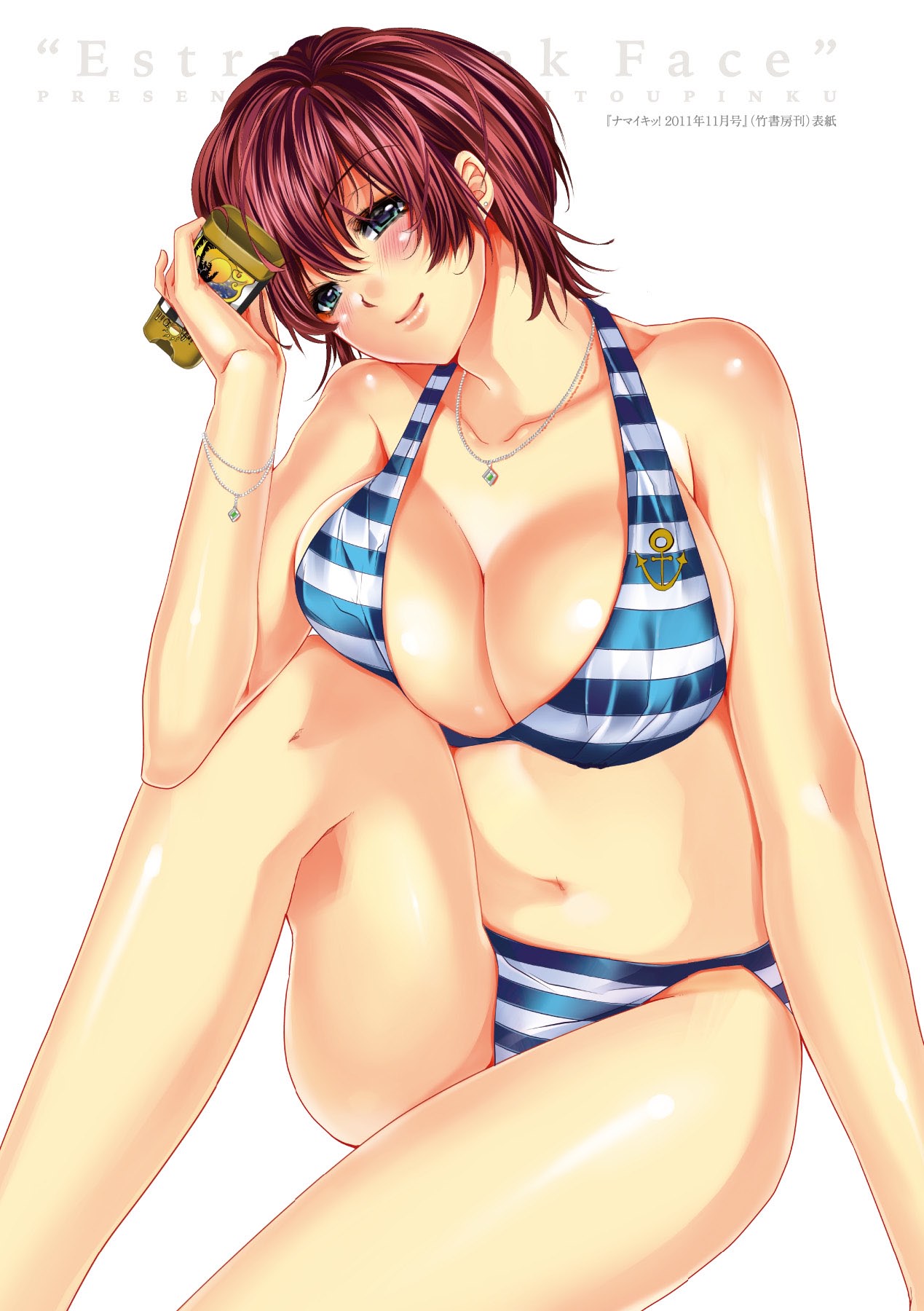 1girl anchor_symbol bikini blue_bikini blush bottle breast_press breasts cleavage drink earrings green_eyes hair_between_eyes head_tilt highres holding jewelry knee_to_chest large_breasts lips looking_at_viewer lotion namaiki! navel necklace pendant redhead scan short_hair sideboob sitting smile solo striped striped_bikini striped_swimsuit sunscreen swimsuit text white_bikini white_swimsuit yu_(bkks)