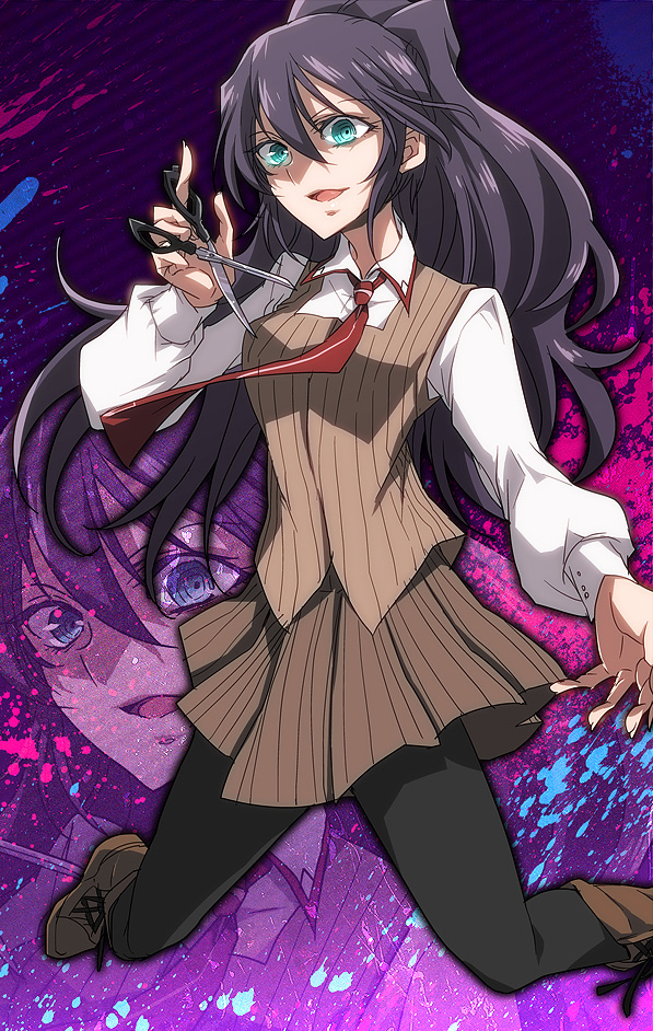 1girl akuma_no_riddle ang blood blood_splatter blue_eyes long_hair necktie pantyhose ponytail purple_hair school_uniform scissors shaded_face skirt smile solo takechi_otoya vest weapon