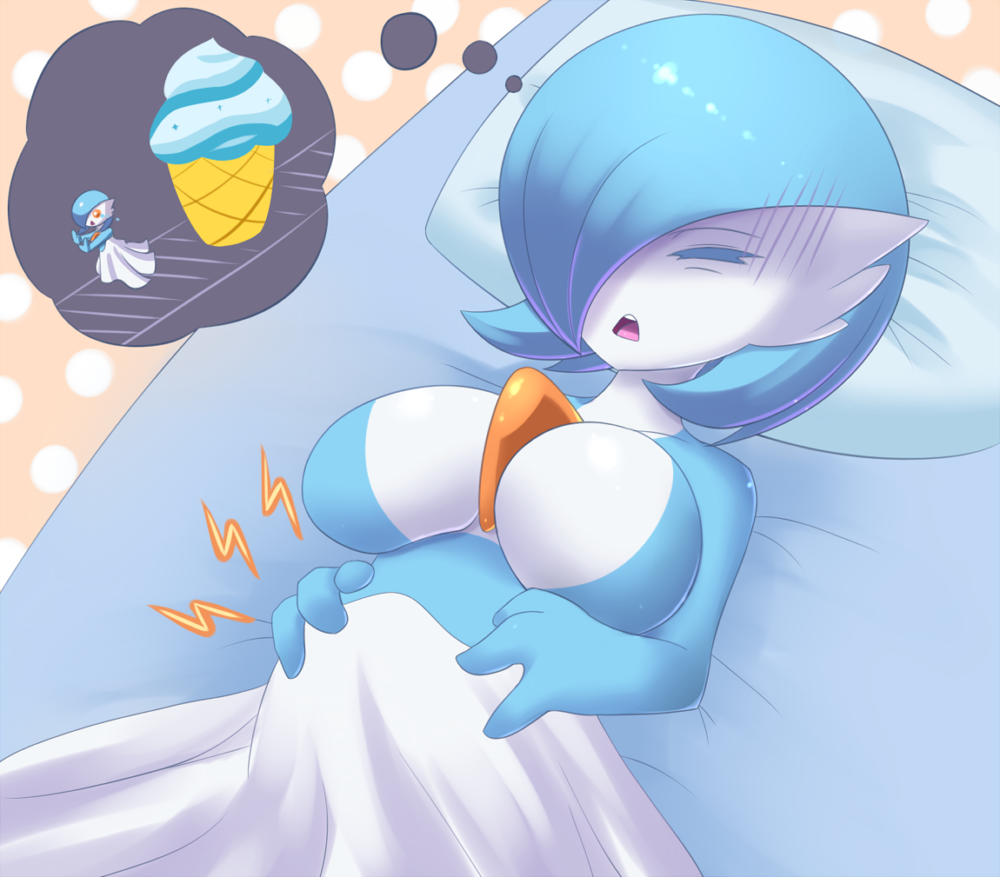 1girl alternate_color bangs bed belly between_breasts blue_hair breasts cleavage closed_eyes dreaming food gardevoir hair_over_one_eye hands_on_stomach ice_cream jcdr large_breasts nightmare no_humans open_mouth pillow pokemon polka_dot polka_dot_background running running_away shadow shiny_pokemon short_hair sleeping solo tears teeth tongue