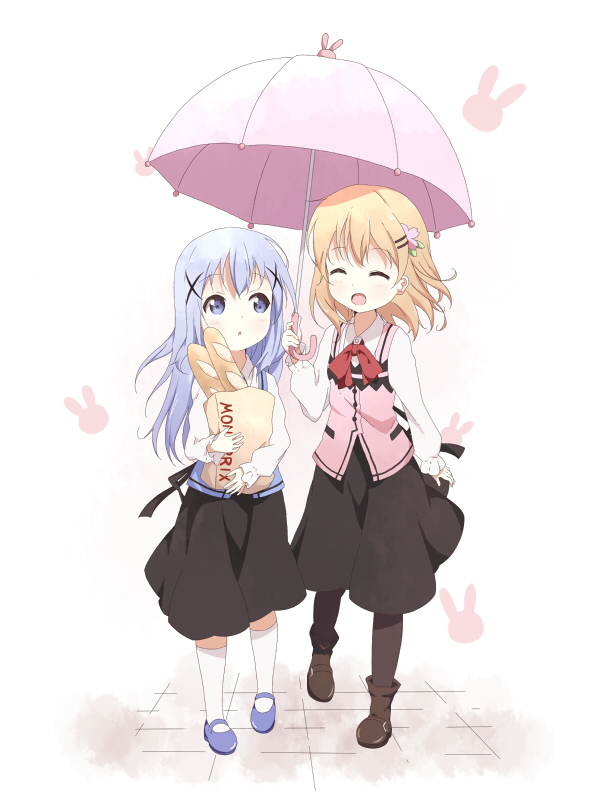 2girls :d ^_^ bag baguette black_legwear blonde_hair blue_hair bread closed_eyes dress flower food gochuumon_wa_usagi_desuka? grocery_bag hair_flower hair_ornament hairclip hoto_cocoa kafuu_chino kneehighs mary_janes multiple_girls open_mouth shoes shopping_bag smile tile_floor tiles toma_(shinozaki) umbrella white_legwear