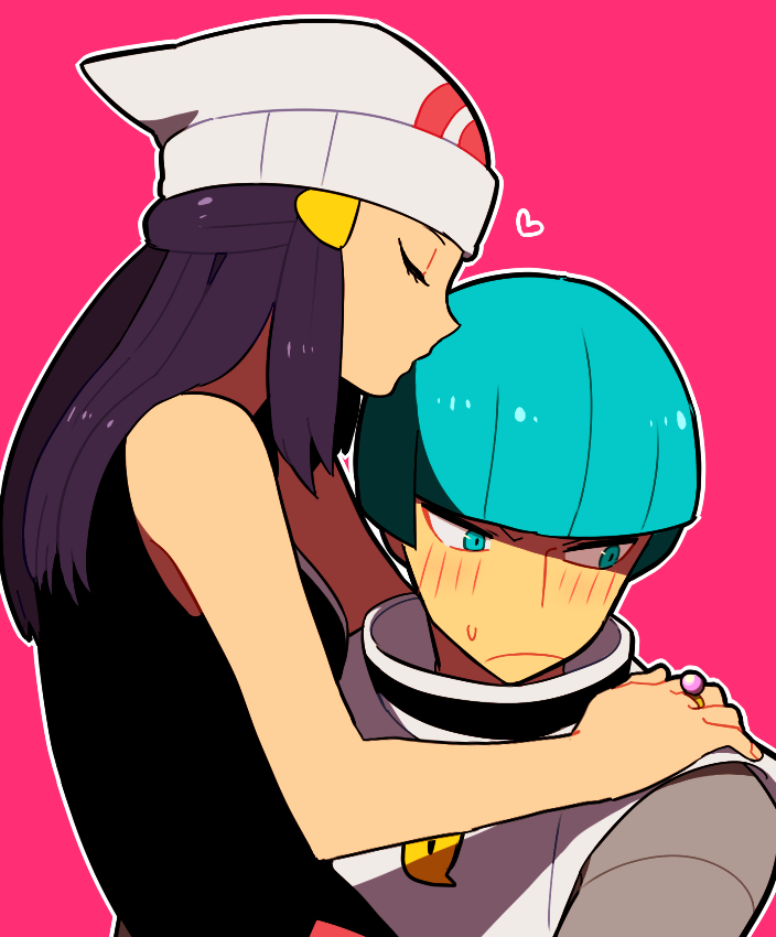 1boy 1girl beanie blue_eyes blue_hair blush hair_kiss hat hetero hikari_(pokemon) li_sakura pokemon pokemon_(game) pokemon_dppt team_galactic team_galactic_grunt