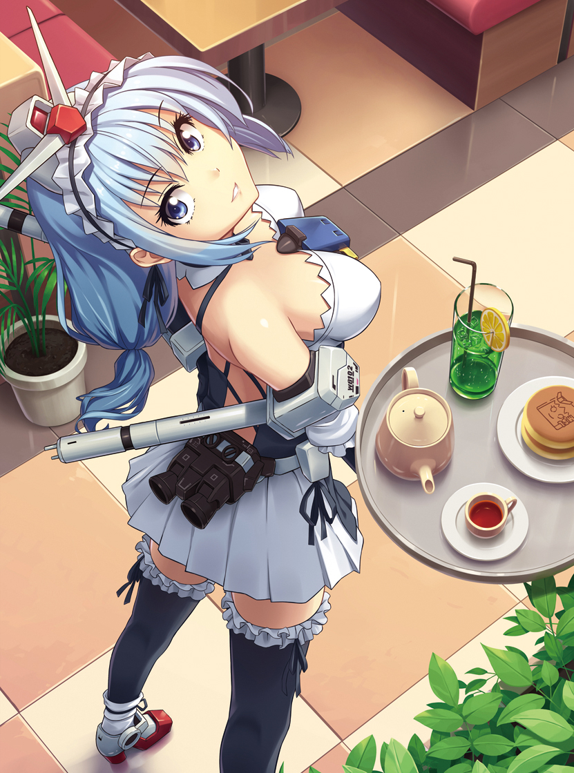 1girl athrun1120 bare_shoulders blue_eyes blue_hair bow breasts cup gundam hair_bow hair_ribbon long_hair looking_at_viewer looking_over_shoulder maid mecha_musume personification restaurant ribbon rx-78-2 rx-78-2_(cosplay) smile tea teacup teapot thighhighs tray waitress