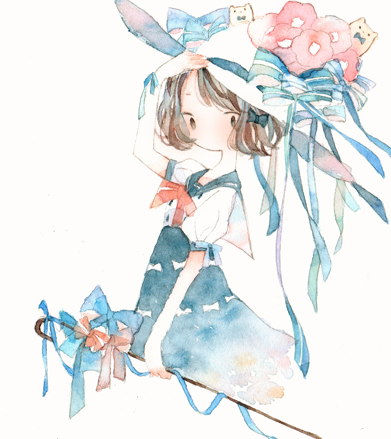 1girl bow brown_eyes brown_hair cane flower hair_ornament hand_on_headwear hat hat_bow hat_flower no_mouth original puffy_short_sleeves puffy_sleeves sailor sailor_dress sheep66 short_hair short_sleeves simple_background solo traditional_media watercolor_(medium) white_background