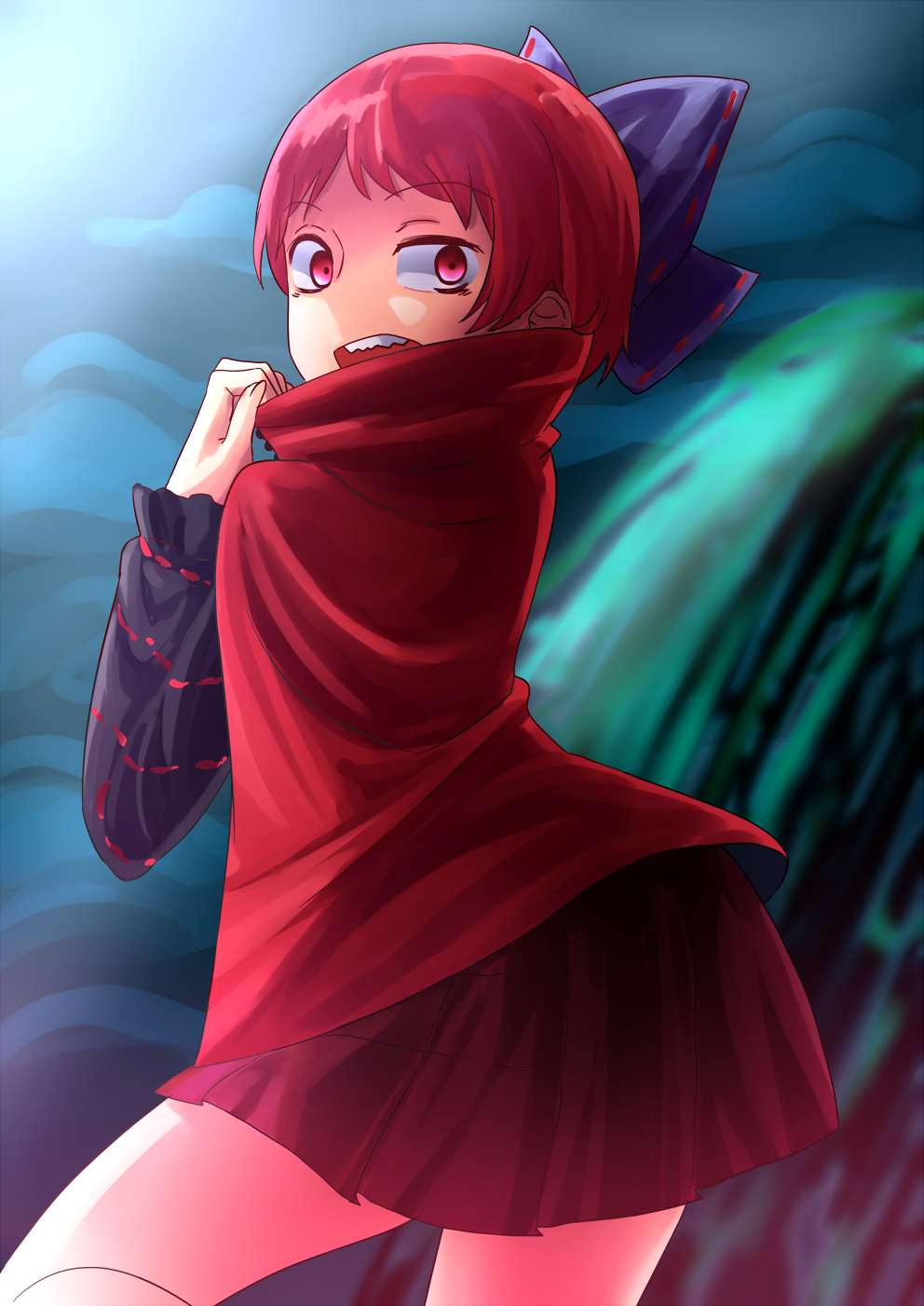 1girl bow cape hair_bow highres looking_back miniskirt moon moonlight omaehadareda-uso open_mouth red_eyes red_moon sekibanki skirt solo touhou
