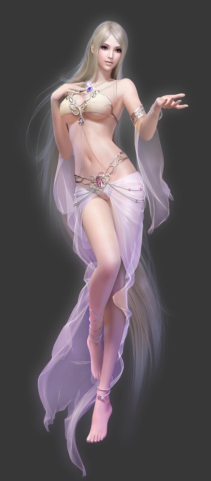 1girl 3d anklet bare_shoulders barefoot blonde_hair blue_eyes bracelet breasts cleavage crop_top floating forsaken_world full_body grey_background hand_on_own_chest highres jewelry long_hair long_legs midriff navel necklace outstretched_hand shiny shiny_skin shirt sillia simple_background solo standing toenails underboob very_long_hair znz