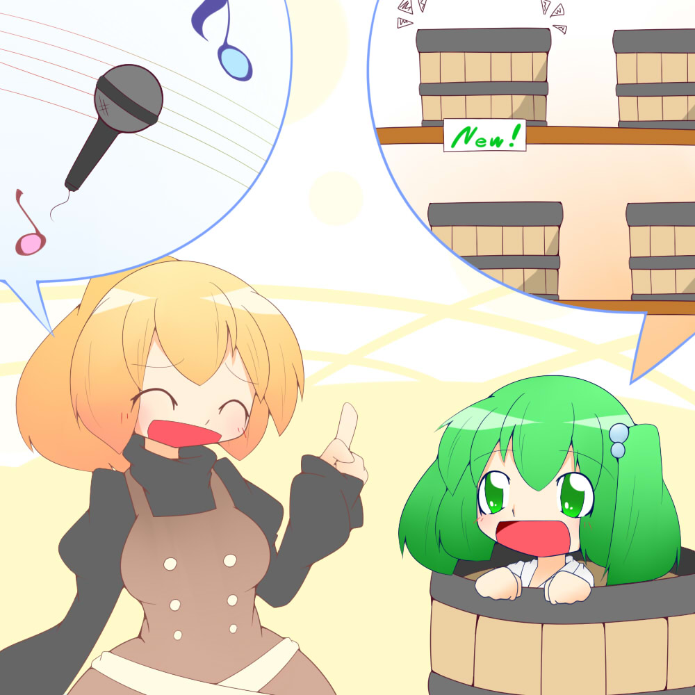 2girls blonde_hair bucket chibi dress green_eyes green_hair hair_bobbles hair_ornament hiyori_(higanahannnti) in_bucket in_container kisume kurodani_yamame microphone multiple_girls musical_note open_mouth pointing ponytail short_hair smile touhou twintails