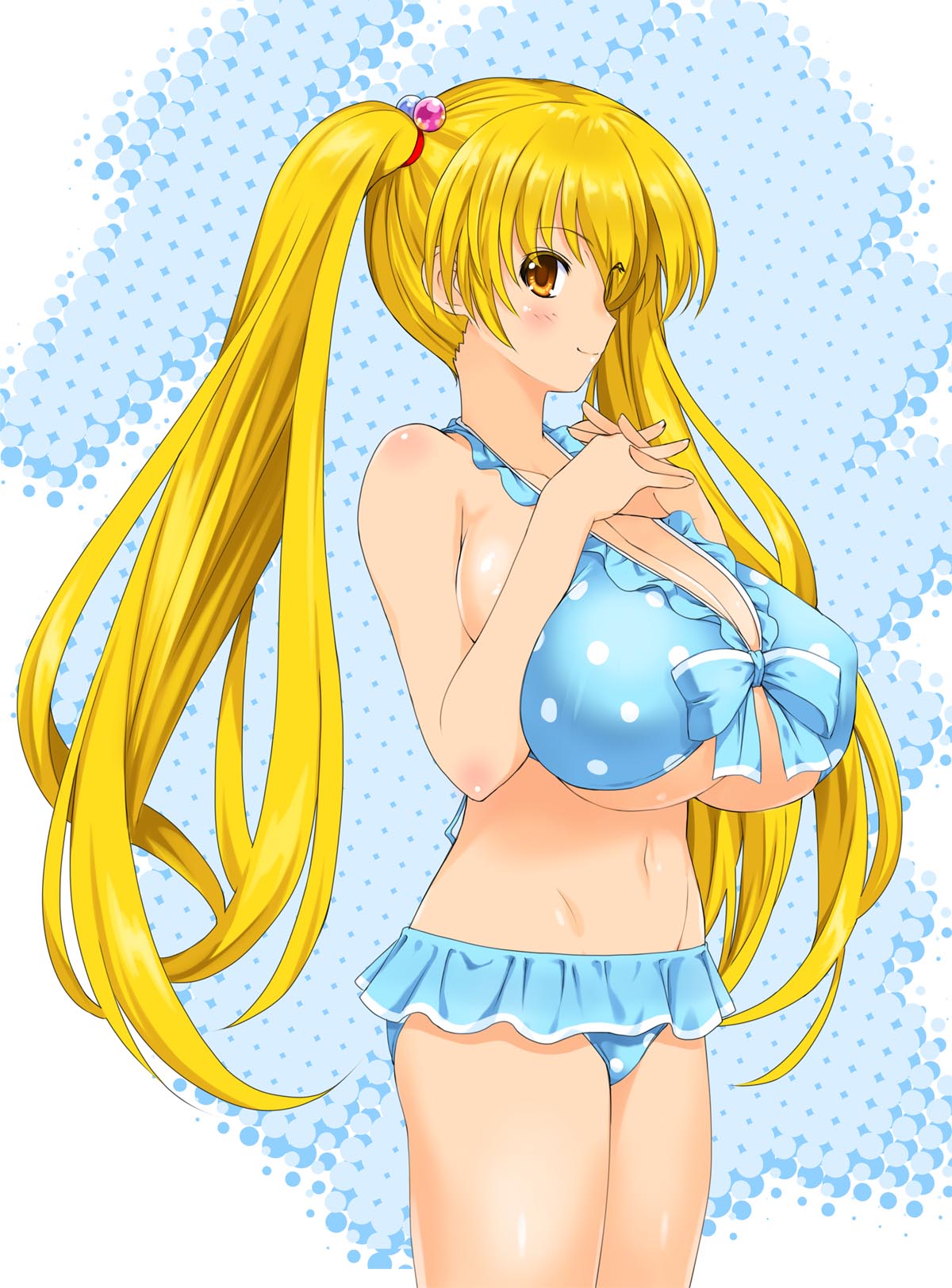 1girl bikini blonde_hair breasts brown_eyes cleavage highres huge_breasts kamia_(not_found) long_hair original polka_dot polka_dot_bikini polka_dot_swimsuit smile solo swimsuit twintails underboob very_long_hair
