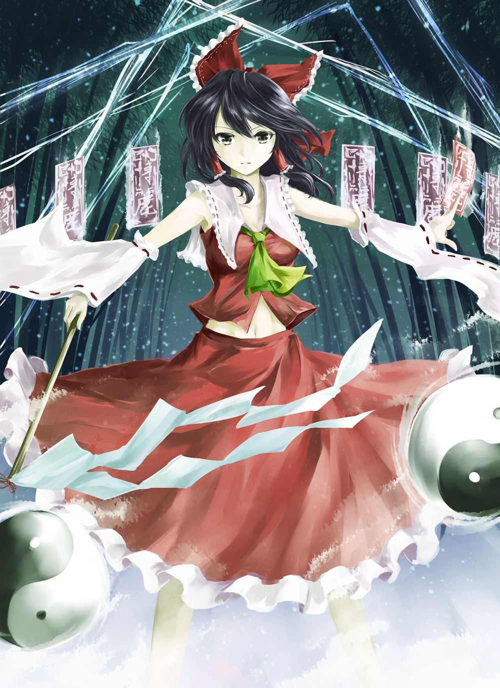 1girl ascot bamboo bamboo_forest between_fingers black_hair bow detached_sleeves expressionless forest frilled_skirt frills gohei grey_eyes hair_bow hair_tubes hakurei_reimu highres kz_nagomiya looking_at_viewer midriff nature navel ofuda orb outstretched_arms pale_skin ribbon-trimmed_sleeves ribbon_trim short_hair skirt skirt_set solo spread_arms touhou yin_yang