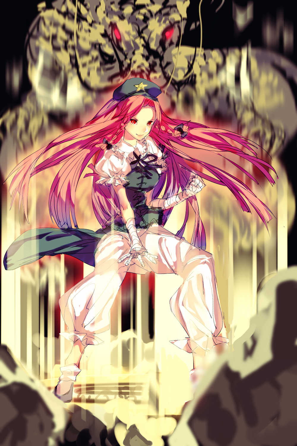 1girl alternate_eye_color aura bandaged_arm chinese_clothes dragon eastern_dragon fighting_stance green_clothes hair_ribbon hat highres hong_meiling long_hair looking_at_viewer pants puffy_short_sleeves puffy_sleeves red_eyes redhead ribbon rough shoes short_sleeves side_slit smile solo tangzhuang tian_(my_dear) touhou