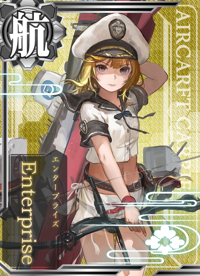 1girl america arrow blonde_hair bow_(weapon) card_(medium) hat jeanex kantai_collection looking_at_viewer midriff navel original personification quiver red_eyes sailor_collar short_hair solo us_navy uss_enterprise_(cv-6) weapon