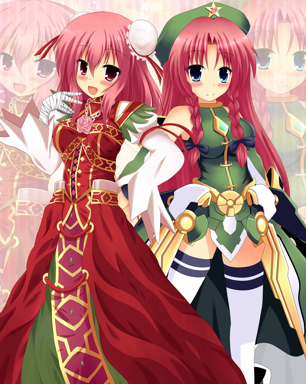 2girls adapted_costume armor arms_at_sides bandaged_arm bare_shoulders blue_eyes breasts double_bun dress green_hat hand_to_own_mouth highres hong_meiling ibaraki_kasen idatenmaru impossible_clothes impossible_shirt long_dress long_hair long_skirt long_sleeves looking_at_viewer mecha_musume multiple_girls pink_dress pink_eyes pink_hair puffy_long_sleeves puffy_sleeves redhead short_hair skirt smile tagme thigh-highs touhou white_legwear wide_sleeves