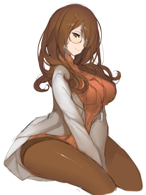 1girl aoki_hagane_no_arpeggio arched_back between_thighs breasts brown_eyes brown_hair brown_legwear cropped_legs hair_ornament hair_over_one_eye hairclip head_tilt hyuuga_(aoki_hagane_no_arpeggio) jewelry k_(li) labcoat large_breasts miniskirt monocle necklace pantyhose simple_background sitting skirt smile solo turtleneck white_background