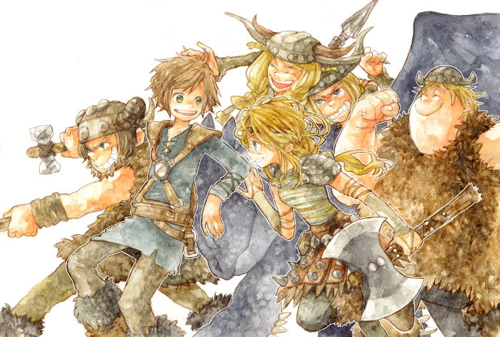 2girls 4boys armor armored_dress astrid_hofferson blonde_hair blue_eyes boots braid brown_hair circlet dragon dragon_wings fishlegs_ingerman helmet hiccup_horrendous_haddock_iii horned_helmet horns how_to_train_your_dragon ina_(gonsora) long_hair multiple_boys multiple_girls pantyhose ruffnut_thorston single_braid skirt smile snotlout_jorgenson toothless tuffnut_thorston western_dragon wings