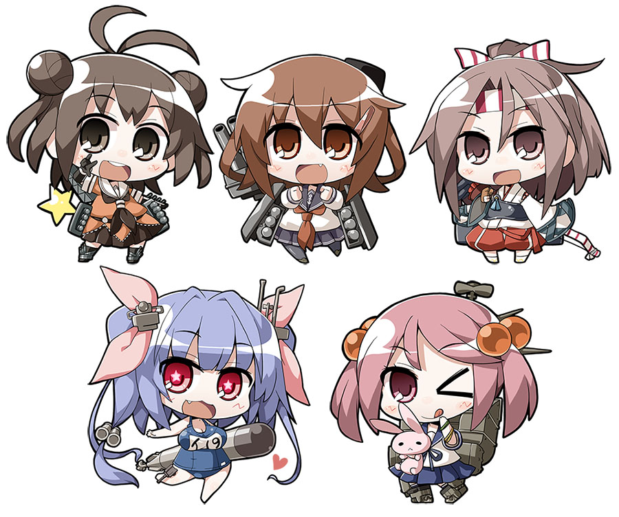 &gt;_o 5girls :&lt; :3 :d :p ahoge akaneya blue_eyes breasts brown_eyes brown_gloves brown_hair carrying_under_arm chibi clenched_hands double_bun fang fingerless_gloves gloves hair_bobbles hair_bun hair_ornament hairclip headband heart i-19_(kantai_collection) ikazuchi_(kantai_collection) kantai_collection long_hair machinery multiple_girls naka_(kantai_collection) one_eye_closed open_mouth ponytail rabbit sazanami_(kantai_collection) school_swimsuit school_uniform serafuku short_hair simple_background smile star star-shaped_pupils swimsuit symbol-shaped_pupils tongue tongue_out torpedo twintails v white_background zuihou_(kantai_collection)