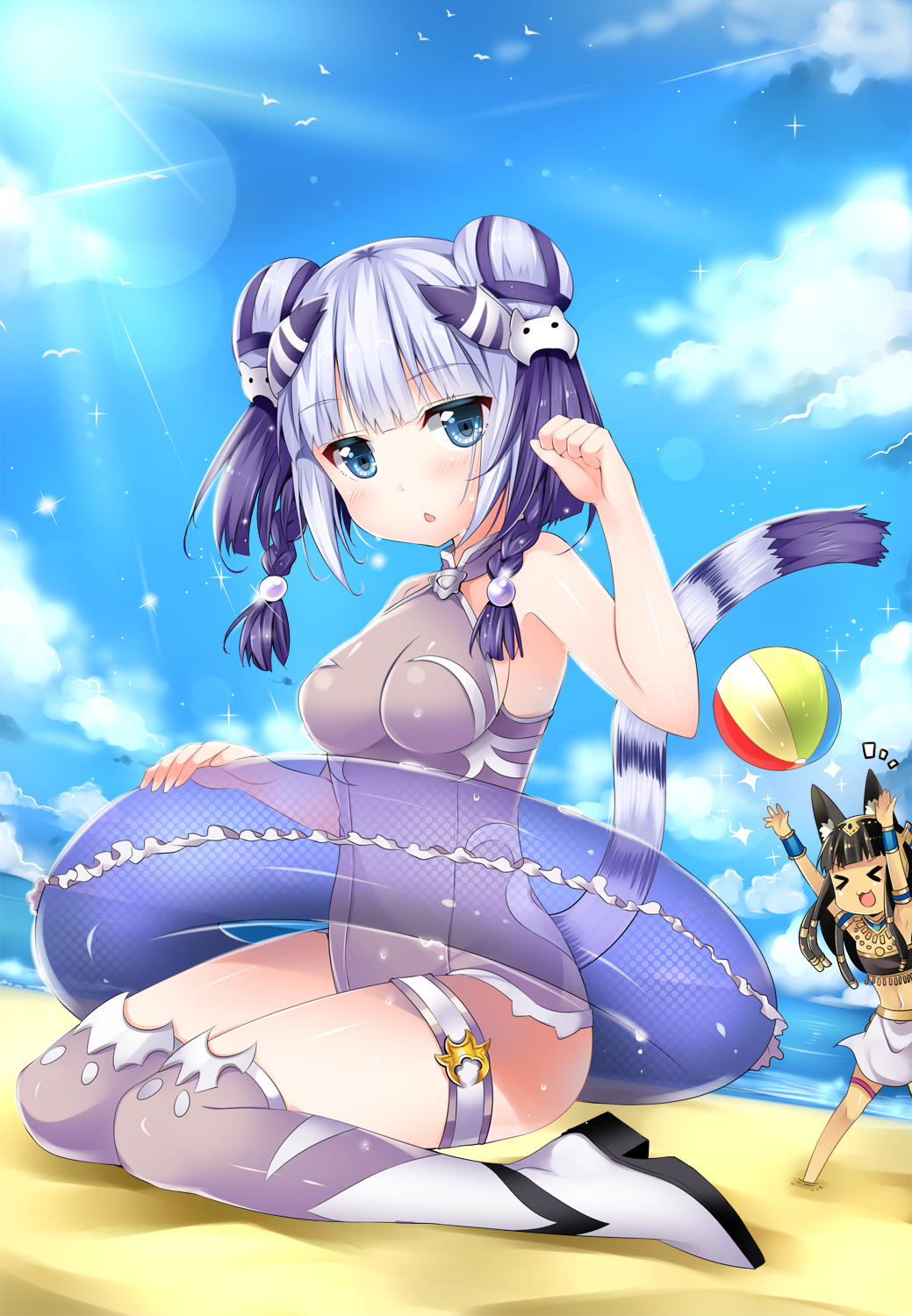 &gt;_&lt; 2girls :3 animal_ears ball bastet_(p&amp;d) beachball black_hair blue_eyes blush boots braid breasts cat_ears chestnut_mouth dark_skin double_bun duji_amo egyptian hair_ornament haku_(p&amp;d) highres innertube jewelry large_breasts long_hair looking_at_viewer midriff multicolored_hair multiple_girls open_mouth paw_pose purple_hair puzzle_&amp;_dragons short_hair silver_hair smile swimsuit tail thigh-highs thigh_boots thigh_strap tiger_tail