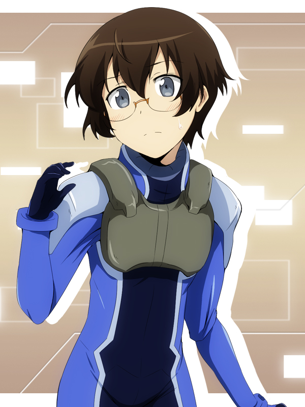 1girl blue_eyes blush brown_hair cosplay glasses gundam gundam_00 ikari_manatsu ore_no_imouto_ga_konna_ni_kawaii_wake_ga_nai revision semi-rimless_glasses setsuna_f_seiei setsuna_f_seiei_(cosplay) short_hair solo tamura_manami under-rim_glasses