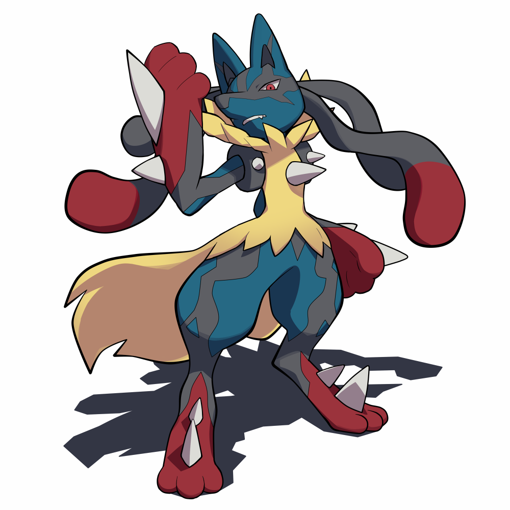 de fang full_body fur looking_at_viewer lucario mega_lucario mega_pokemon no_humans pokemon pokemon_(game) pokemon_xy red_eyes shadow simple_background solo standing white_background