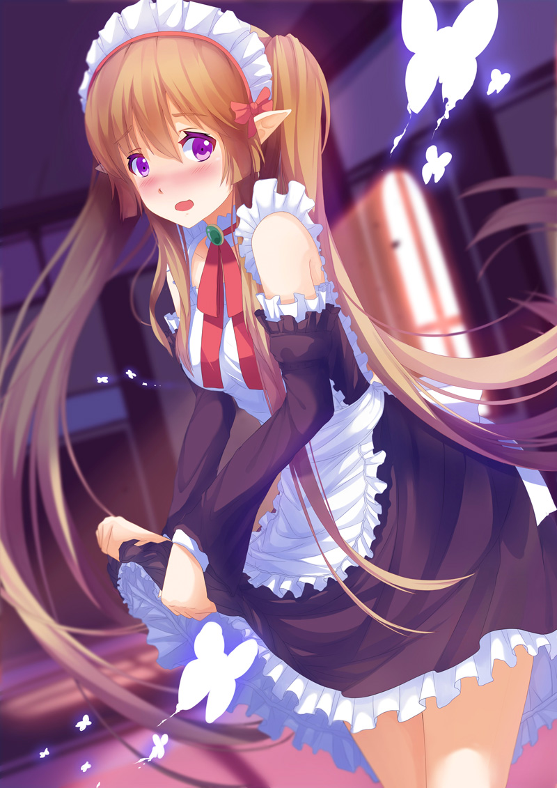1girl blush bow brooch brown_hair butterfly dutch_angle holding jewelry long_hair looking_at_viewer maid maid_headdress myucel_foalan open_mouth outbreak_company pointy_ears rizky_(strated) solo tagme twintails violet_eyes