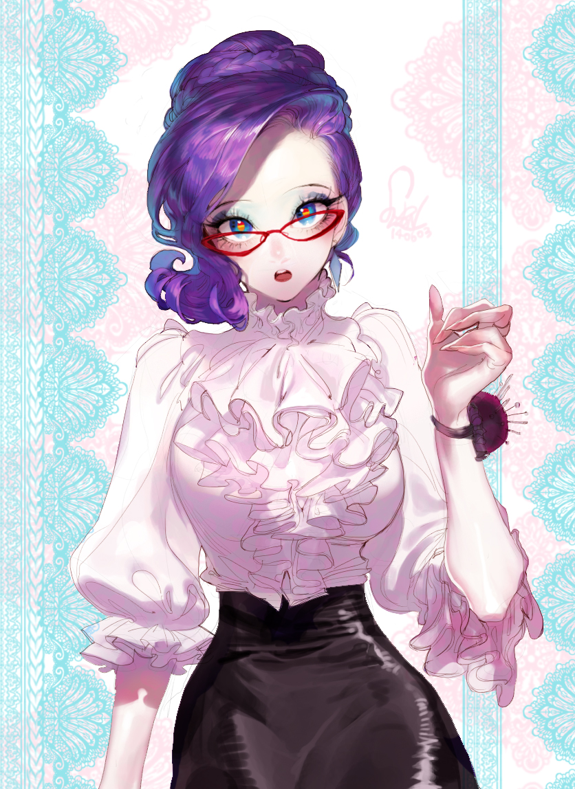 blouse blue_eyes braid my_little_pony my_little_pony_friendship_is_magic open_mouth personification pigeon666 purple_hair rarity red_glasses skirt