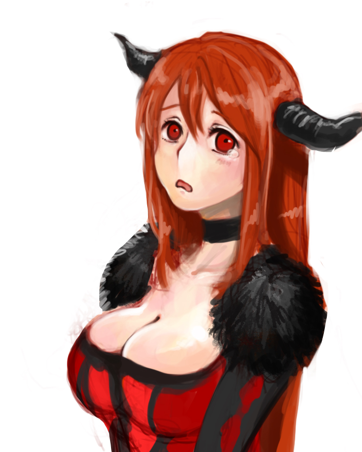1girl breasts brown_hair bust choker cleavage fur_trim haato_(silly_god) horns long_hair looking_at_viewer maou_(maoyuu) maoyuu_maou_yuusha red_eyes redhead solo tears white_background
