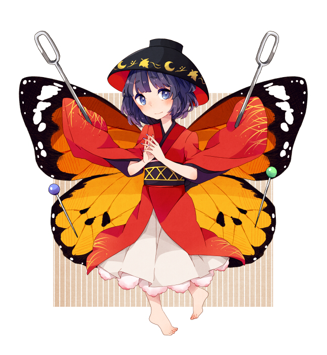 1girl barefoot blue_eyes blush bowl butterfly hands_clasped hat japanese_clothes kimono light_smile looking_at_viewer minigirl monarch_butterfly needle obi pin_(object) purple_hair restrained rice_bowl sash short_hair size_comparison solo sukuna_shinmyoumaru touhou vertical-striped_background wan_mame white_border wide_sleeves