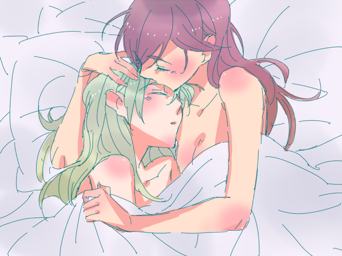 2girls alternate_hairstyle anna_(frozen) bare_shoulders bed blonde_hair brown_hair closed_eyes elsa_(frozen) forehead_kiss frozen_(disney) hair_down hand_on_another's_head hug incest kiss lying multiple_girls nude siblings sisters yama_(yama005) yuri