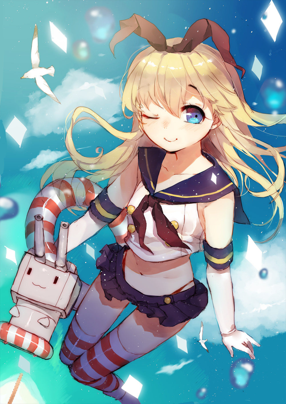1girl :3 acidear bird blonde_hair blue_eyes blue_skirt blush elbow_gloves gloves hairband highres kantai_collection long_hair looking_at_viewer navel one_eye_closed personification rensouhou-chan shimakaze_(kantai_collection) skirt smile striped striped_legwear thigh-highs white_gloves wink