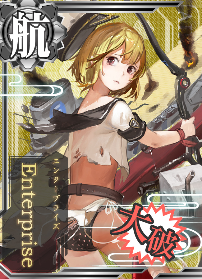 1girl america black_panties blonde_hair bow_(weapon) card_(medium) hat headwear_removed jeanex kantai_collection looking_back original panties personification polka_dot polka_dot_panties red_eyes short_hair solo torn_clothes underwear us_navy uss_enterprise_(cv-6) weapon