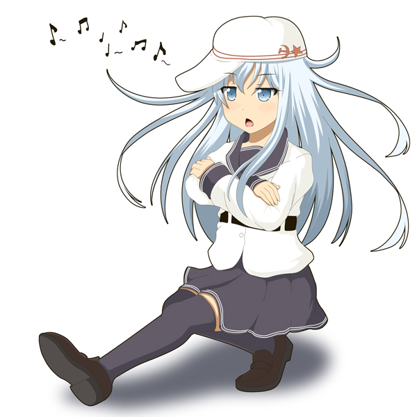 1girl black_legwear blue_eyes cossack_dance crossed_arms hammer_and_sickle hat hibiki_(kantai_collection) kantai_collection loafers long_hair miicha musical_note open_mouth shoes silver_hair solo star thigh-highs verniy_(kantai_collection)