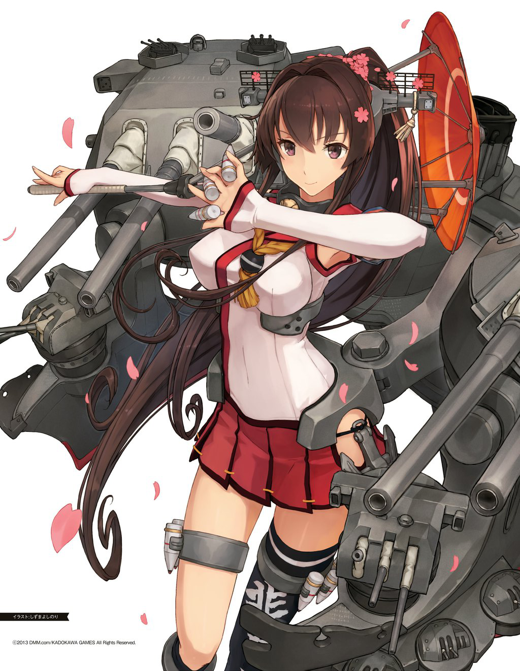 1girl black_legwear brown_eyes brown_hair cannon cherry_blossoms covered_navel detached_sleeves flower hair_flower hair_intakes hair_ornament headgear highres kantai_collection long_hair mecha_musume parasol personification petals pleated_skirt ponytail shizuma_yoshinori simple_background single_thighhigh skirt sleeves_past_wrists smile solo thigh-highs turret umbrella very_long_hair white_background yamato_(kantai_collection)