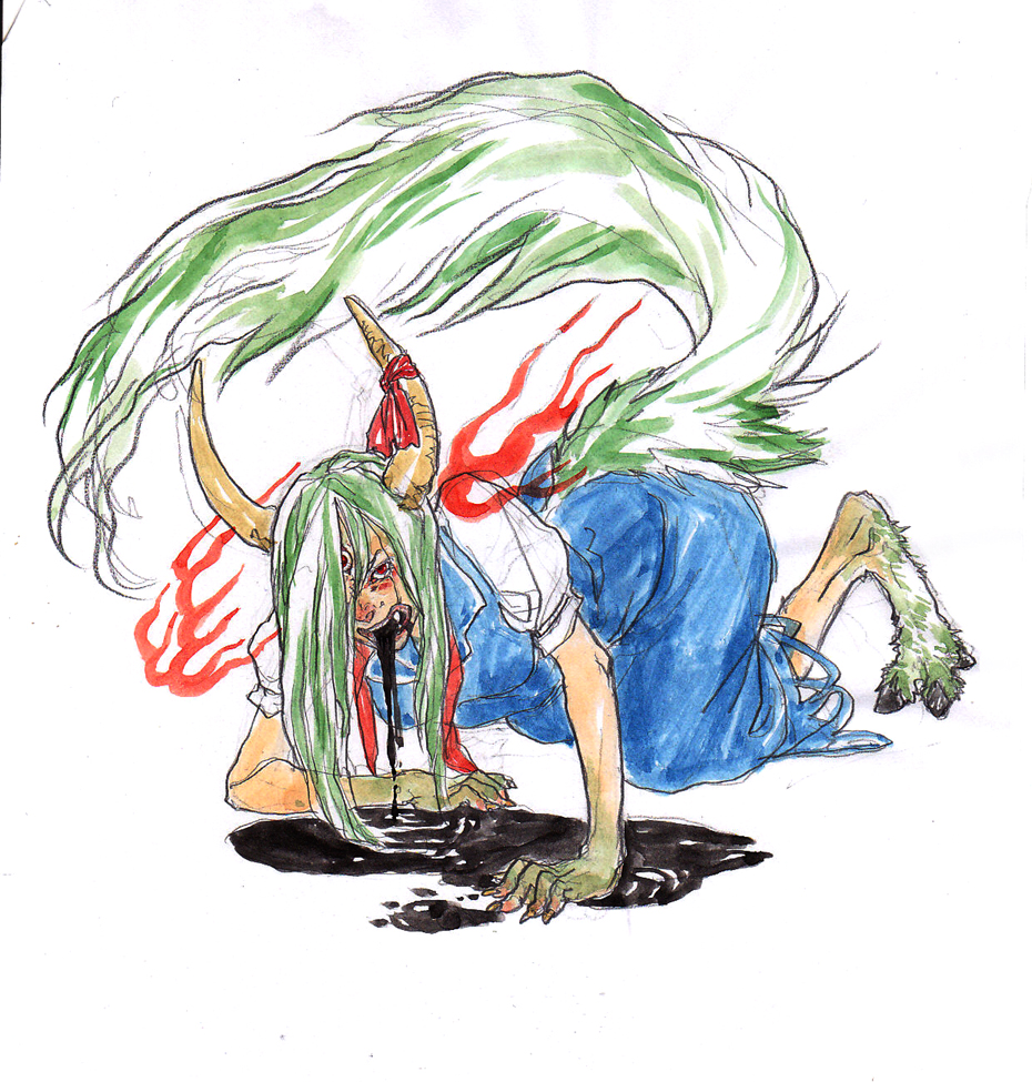 1girl ex-keine extra_eyes horn_ribbon horns kamishirasawa_keine kamishirasawa_keine_(hakutaku) kobushi looking_at_viewer paws red_eyes ribbon sketch tail touhou traditional_media transformation vomiting watercolor_(medium)