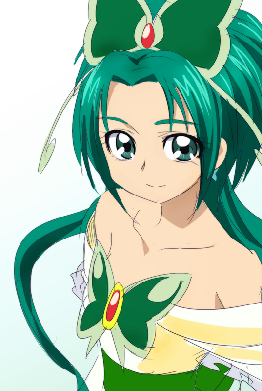 1girl akimoto_komachi bare_shoulders cure_mint gradient gradient_background green_eyes green_hair long_hair looking_at_viewer magical_girl manji_(tenketsu) precure sketch yes!_precure_5 yes!_precure_5_gogo!