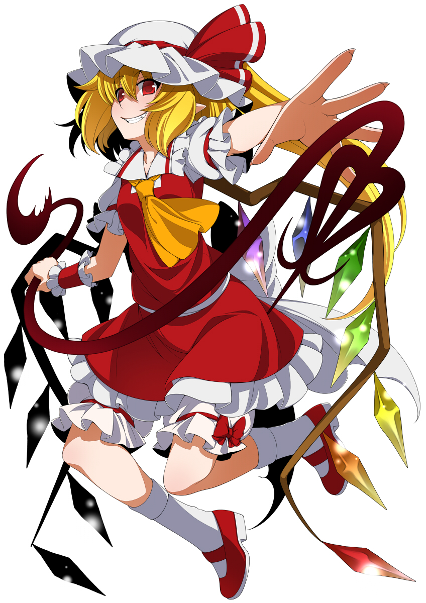 1girl ascot asymmetrical_hair blonde_hair bow eichi_yuu flandre_scarlet grin hat highres laevatein light_particles looking_at_viewer mob_cap pointy_ears polearm reaching red_eyes shoes side_ponytail simple_background smile solo spear tagme touhou weapon white_background white_legwear wings wrist_cuffs