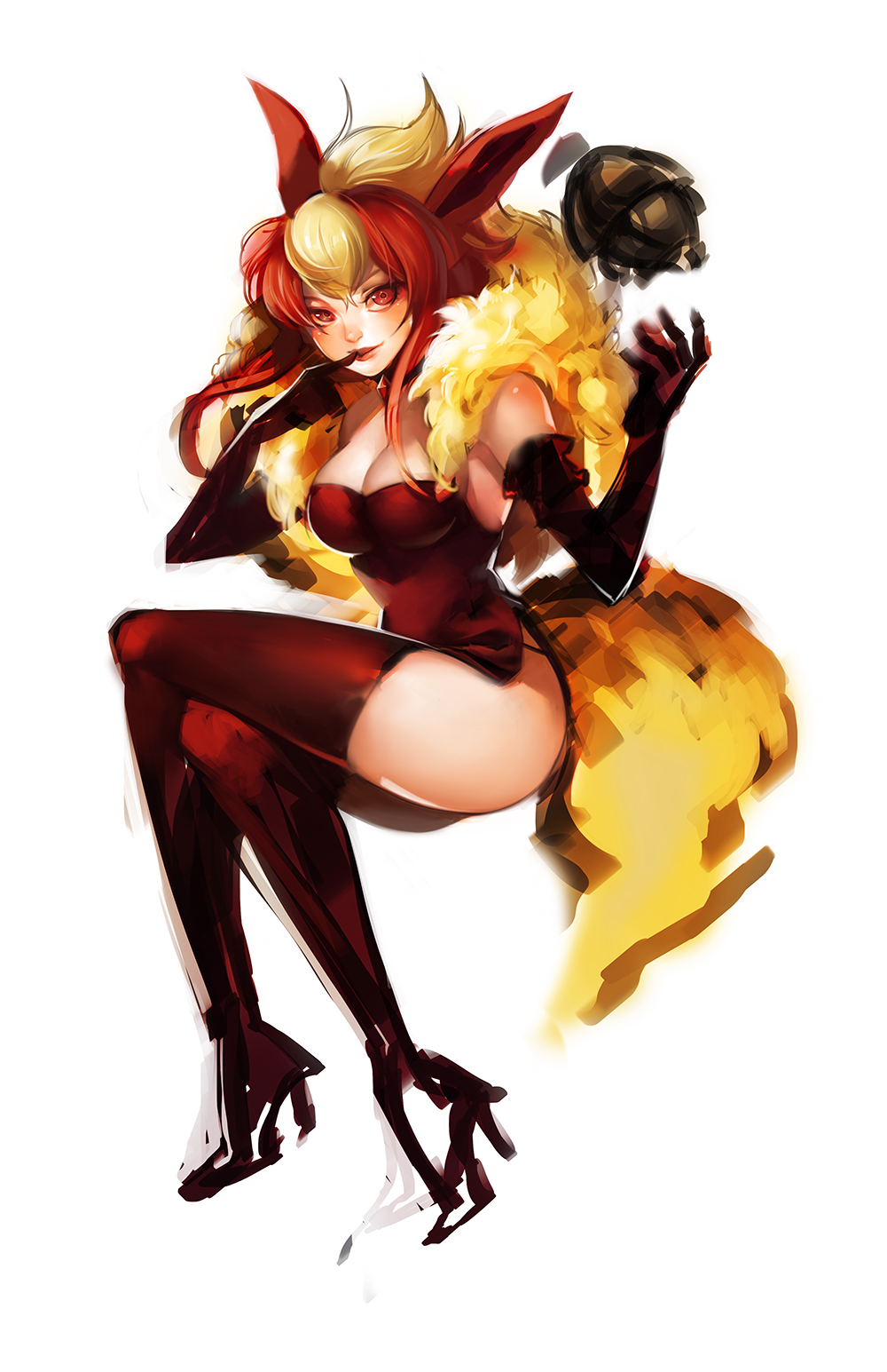 1girl animal_ears ass bangs blush boots breasts cleavage crossed_legs dome_fossil dress elbow_gloves flareon full_body fur fur_trim gloves highres looking_at_viewer multicolored_hair na_young_lee payot personification pokemon pokemon_(game) red_dress red_eyes red_gloves red_legwear shadow shoes simple_background smile solo tail thigh-highs thigh_boots twitch_plays_pokemon white_background