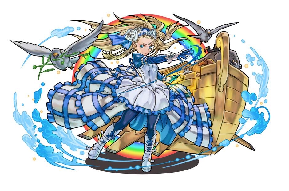 1girl animal bird blonde_hair blue_eyes blue_legwear boat boots branch christianity cow dress elephant flower frilled_dress frills hair_flower hair_ornament hairband horse jpeg_artifacts lace-up_sleeves long_hair long_sleeves noah's_ark noah_(p&amp;d) official_art pantyhose puffy_long_sleeves puffy_sleeves puzzle_&amp;_dragons rainbow rhinoceros ribbon rose solo source_request water white_boots white_dress white_flower white_rose