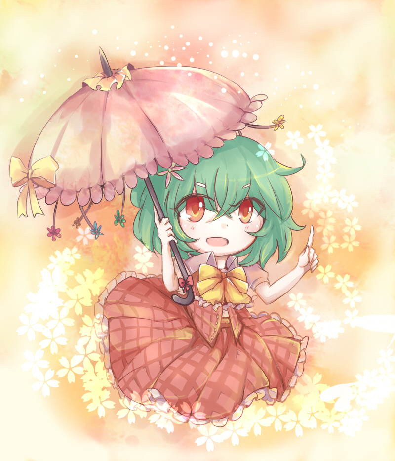 1girl bow child flower green_hair kazami_yuuka looking_at_viewer open_clothes open_shirt parasol puffy_short_sleeves puffy_sleeves red_eyes satorichan shirt short_sleeves skirt skirt_set smile solo touhou umbrella vest younger