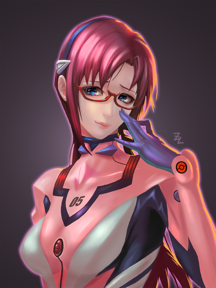 1girl blue_eyes evangelion:_2.0_you_can_(not)_advance glasses hairband long_hair makinami_mari_illustrious neon_genesis_evangelion pink_hair plugsuit rebuild_of_evangelion solo twintails zudarts_lee