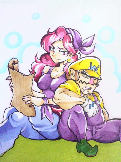 1boy 1girl back-to-back bandana bare_shoulders breasts captain_syrup cleavage crossed_legs drooling earrings facial_hair gloves height_difference jewelry light_smile long_hair map super_mario_bros. muscle mustache omu_(sinsindan) red_eyes redhead sitting sleeping sleeping_on_person sleeping_upright wario wario_land white_gloves wrist_ribbon
