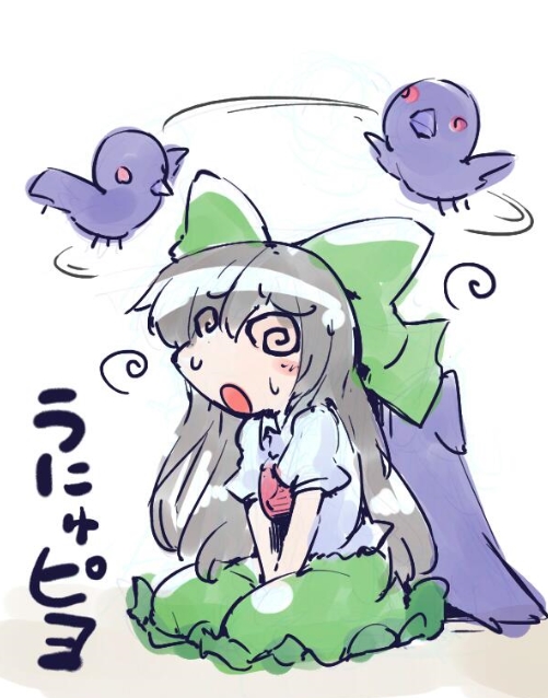 1girl @_@ bird black_hair bow cape chibi confused crow dazed hair_bow long_hair reiuji_utsuho seiza shinapuu simple_background sitting skirt solo third_eye touhou translation_request white_background wings